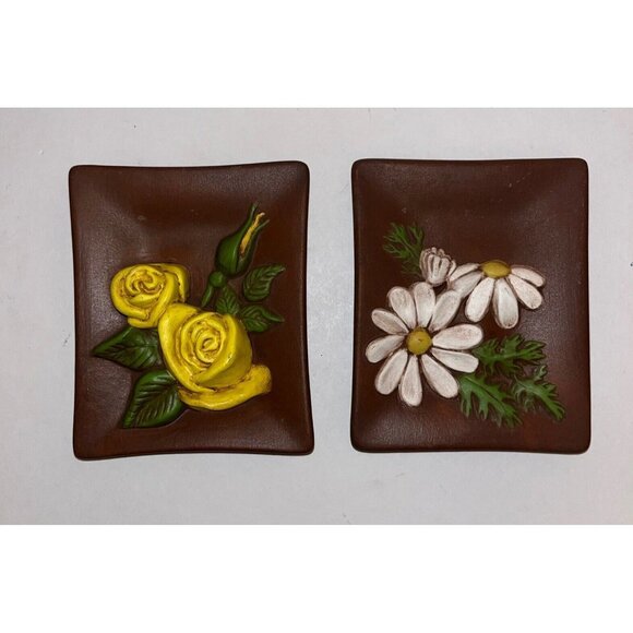 Handmade MCM VTG Daisy & Rose Ceramic Wall Plaques Ea Approximately 4x4.5 Inches